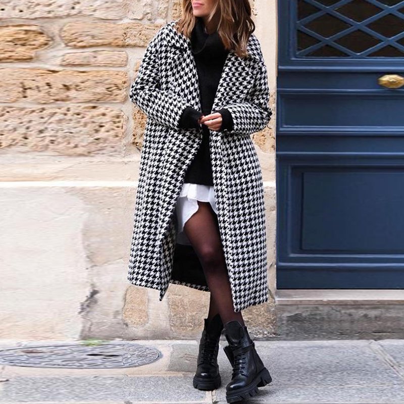 Women's British Style Houndstooth Print Long Coat