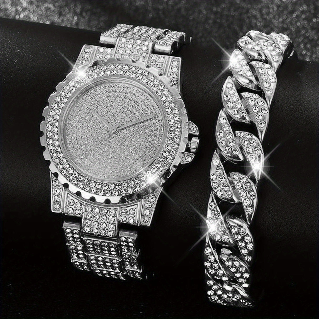 1pc Rhinestone Decor Quartz Watch Luxury Hiphop Analog Wristwatch & 1pc Bracelet, Gift For Xmas Valentine's Day