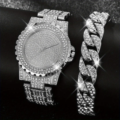 1pc Rhinestone Decor Quartz Watch Luxury Hiphop Analog Wristwatch & 1pc Bracelet, Gift For Xmas Valentine's Day
