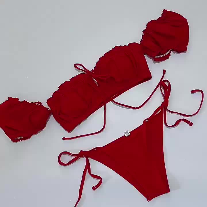 Ruffle Lettuce Trim Ruched Bikini Sets, Tie Side Drawstring High Cut Two Piece Swimsuit, Women's Swimwear & Clothing