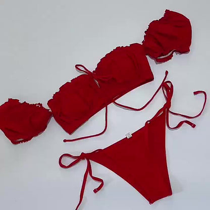 Ruffle Lettuce Trim Ruched Bikini Sets, Tie Side Drawstring High Cut Two Piece Swimsuit, Women's Swimwear & Clothing