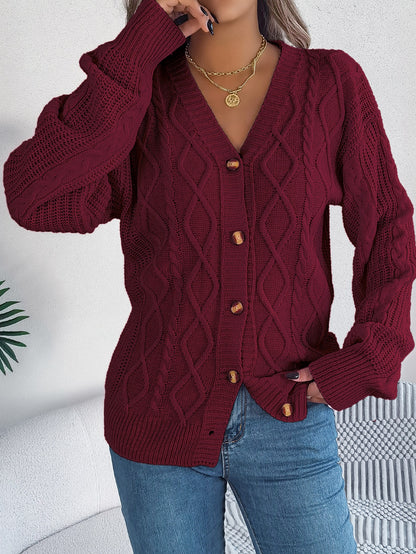 Women Casual V-Neck Lantern Sleeve Cable Knit Button Cardigan Sweater