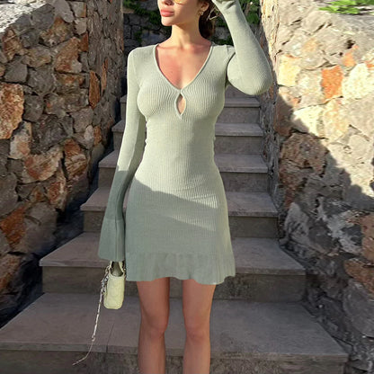 Women's Knitted Hollow-out Ruffled Long-sleeve Dress