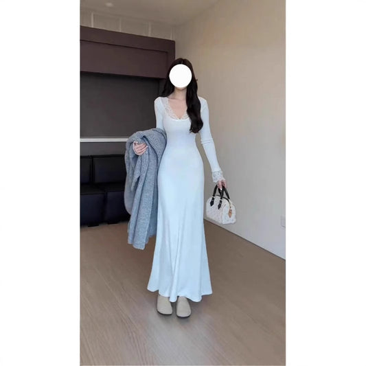 Women's Waist-cinching Figure-flattering Long-sleeve Knit Dress