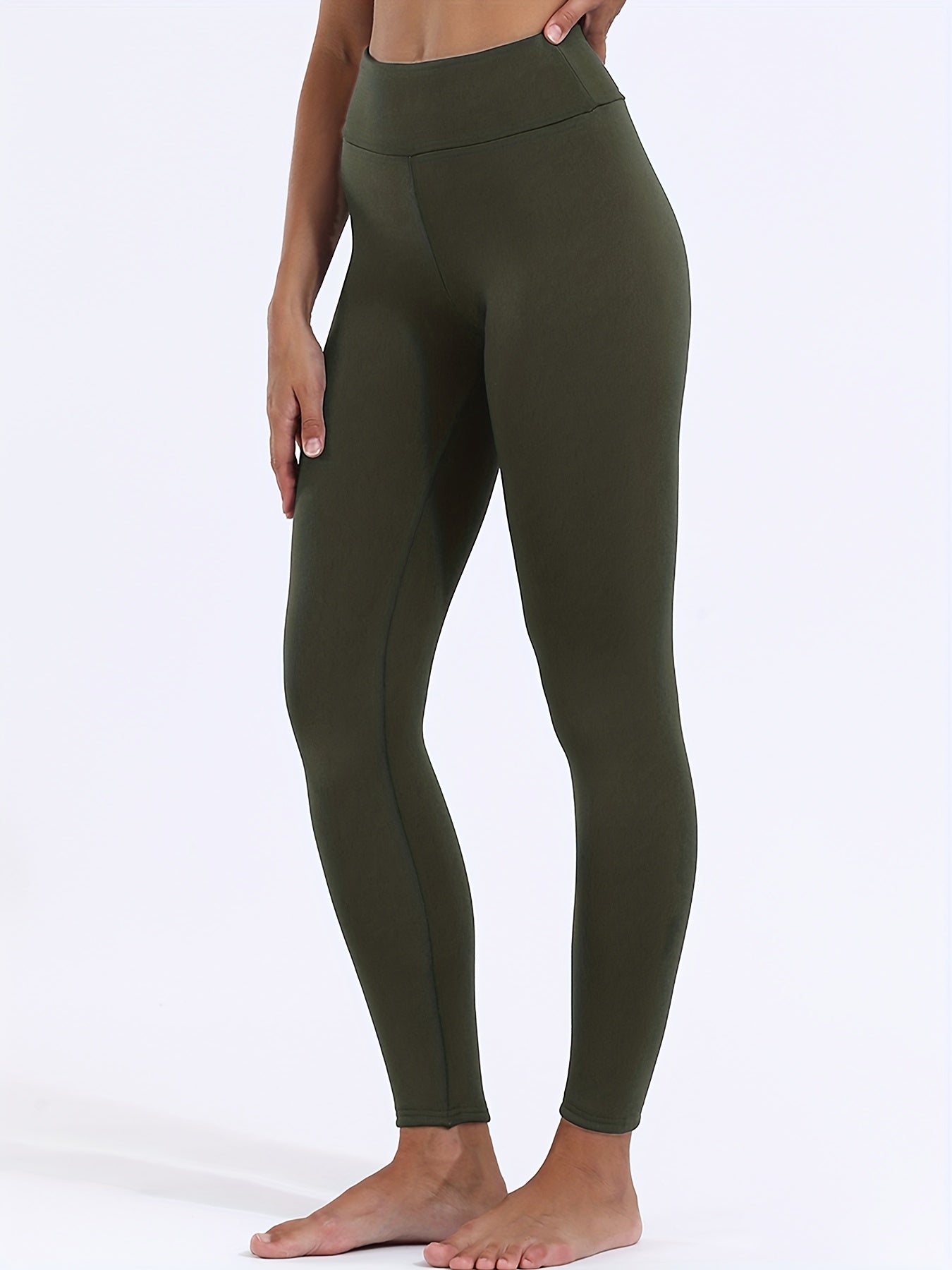 Cozy Fleece-Lined High-Waist Leggings for Women - Stretchy & Warm, Olive Green, Casual Style, Non-See-Through, Solid Color, Perfect for Winter, Machine Washable