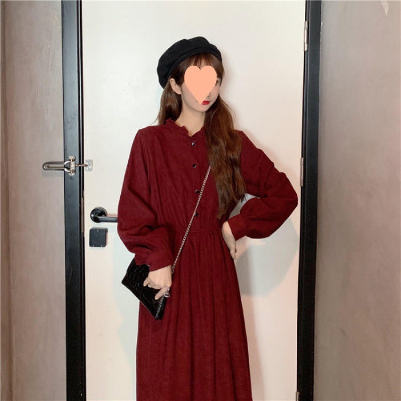 Retro Aloofness Style Mid-length Waist Fungus Long Sleeve Dress