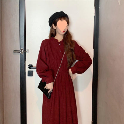 Retro Aloofness Style Mid-length Waist Fungus Long Sleeve Dress