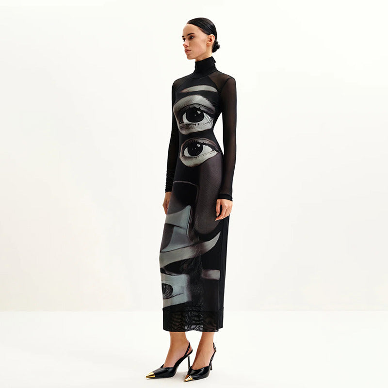 Elegant Mesh Double-layer Printed Crew-neck Long-sleeve Dress