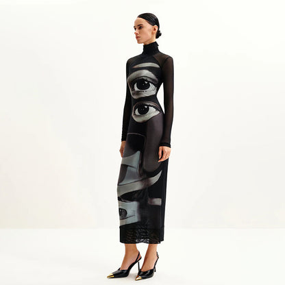 Elegant Mesh Double-layer Printed Crew-neck Long-sleeve Dress