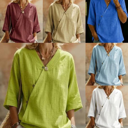 Women's Solid-Colored Cotton-Linen Button-Up Top