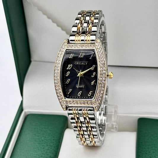 Diamond-encrusted Watch Barrel-shaped Dial Metal Bracelet Quartz Ladies' Watch