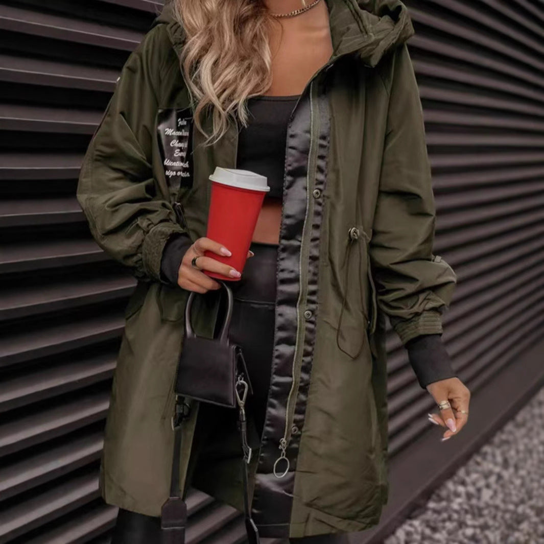Women's Mid-Length Casual Anorak Coat - Army Green Windbreaker Jacket