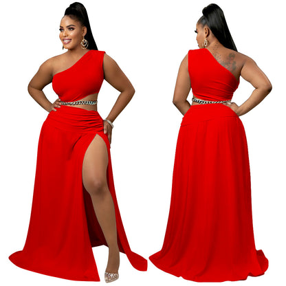 Solid-color Off-the-shoulder Sexy Bodycon Two-piece Set