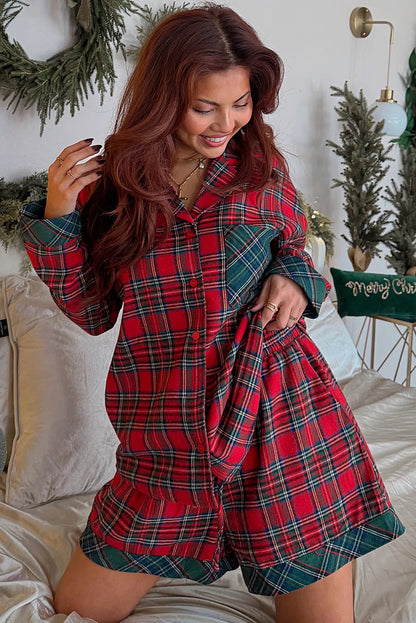 Red Plaid Contrast Patched Christmas Holiday Long Sleeve Shirt And Short 2pcs Pajama Set