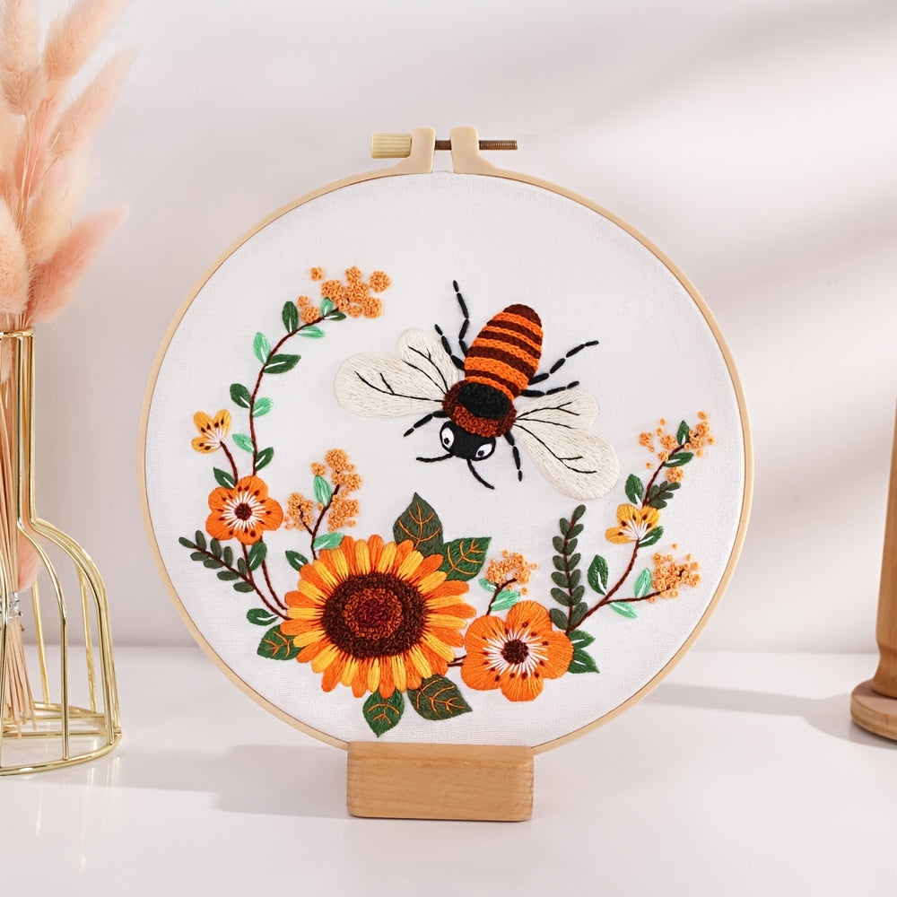 5set Embroidery Kit, Honeybee And Flowers, Include 1 Embroidery Hoop 7.9 Inch
