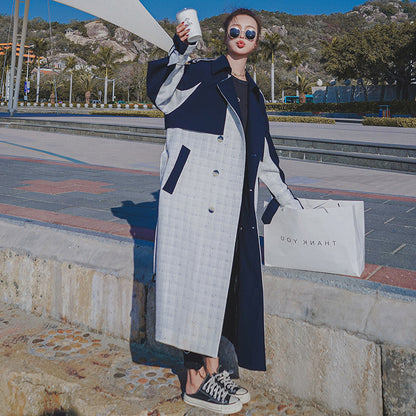 Women's Windbreaker Korean Style Hit Color Double-breasted Plaid Fashion Mid-length Coat