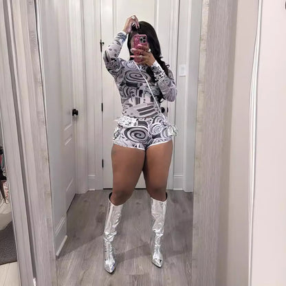 Tight-fitting Printed Crew-neck Stretchy Casual Long-sleeve Shorts Set