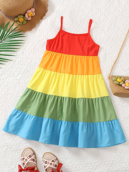 Girls' Spaghetti Strap Color-Blocked Rainbow Cake Dress - Perfect for Outdoor Occasions.