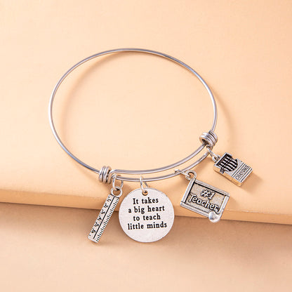 Creative Silver Ruler Crayons Charms Inspirational Bracelet Vintage Stainless Steel Adjustable Bangle Teacher's Day Gift