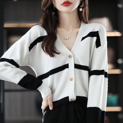 Fashion Striped Button Knitted Cardigan V-neck Women