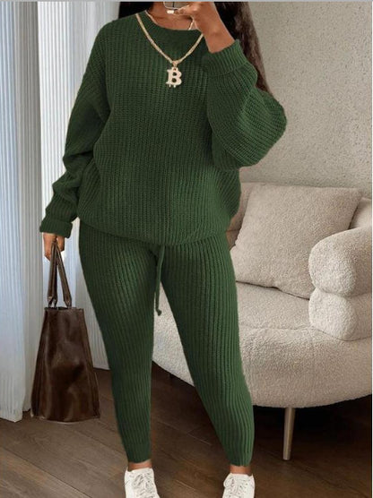Women's Winter Ribbed Knit Co-ord Set - Loose Pullover Sweater & Drawstring Pants