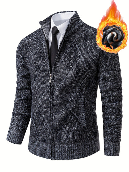 Mens Diamond Plaid Cardigan - Stylish Casual with Refined Stand Collar - Luxuriously Plush & Cozy Warm Knit Zip Up - Eye-Catching Design
