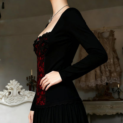Lace-embellished Long-sleeve Blouse With Ruffled Trim