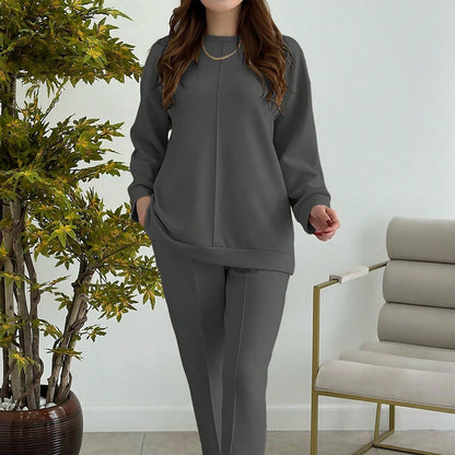 Women's Fashion Casual Solid-Color Crew-Neck Top And Pants Two-Piece Set