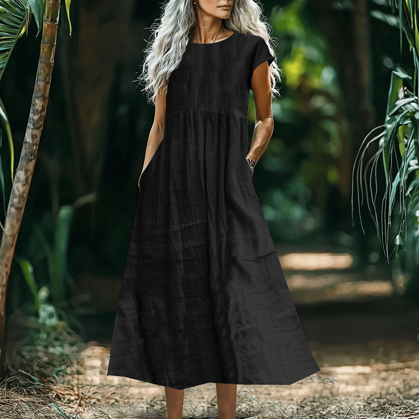 Women's Solid-Color Loose-Fitting All-Match Cotton-Linen Dress With Pockets
