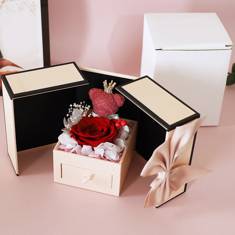 Mother's Day Gift Double Door Bear Rose Preserved Fresh Flower Jewelry Box