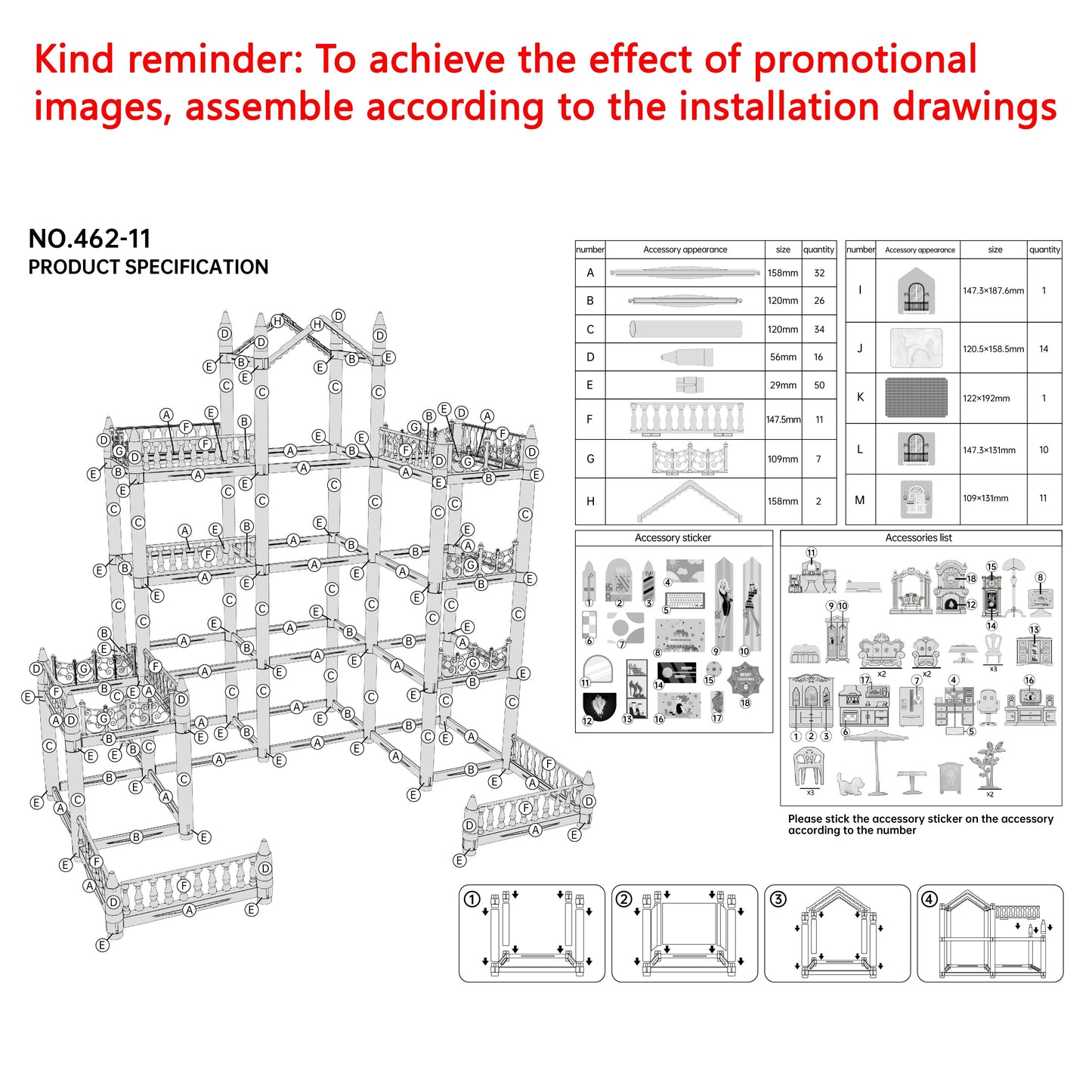 Pink Dollhouse for Girls - 11 Room DIY Pretend Play Toy House with Furniture
