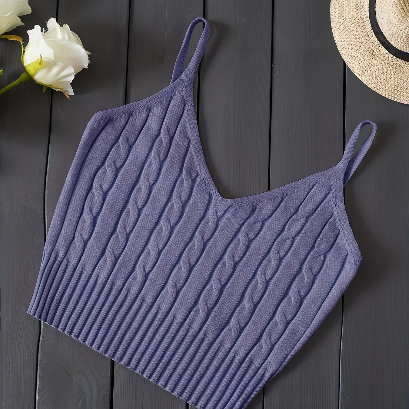 Valentine's Day Knitted Cami Crop Top, Versatile Sleeveless Casual Top For Spring & Summer, Women's Clothing