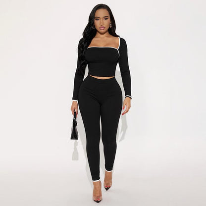 Stitching Color-contrasting Stripe Long Sleeve Top Slim Trousers Suit