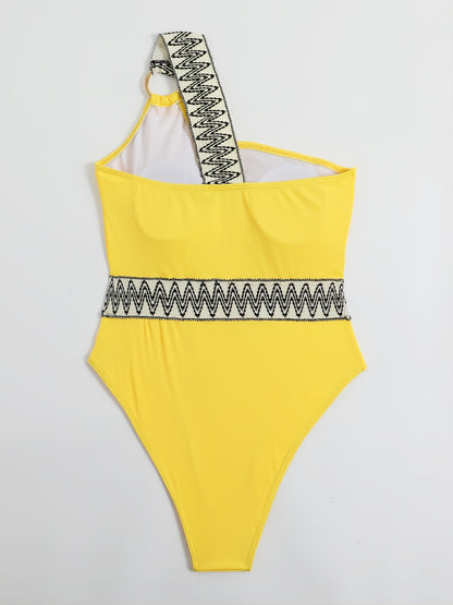 One Shoulder Cut Out Bathing Suit, Ring-Linked Asymmetrical Neck High Cut Bathing Suit, Women's Swimwear & Clothing