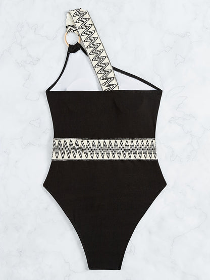 One Shoulder Cut Out Bathing Suit, Ring-Linked Asymmetrical Neck High Cut Bathing Suit, Women's Swimwear & Clothing