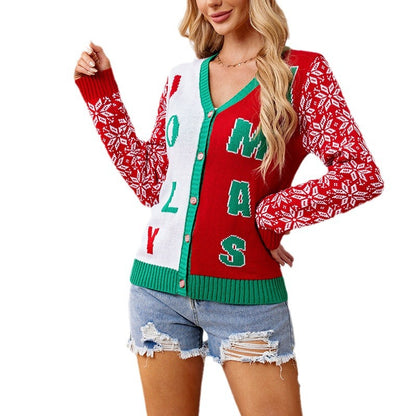 Christmas Sweater Red Casual Letter Jacquard V-neck Knitted Cardigan