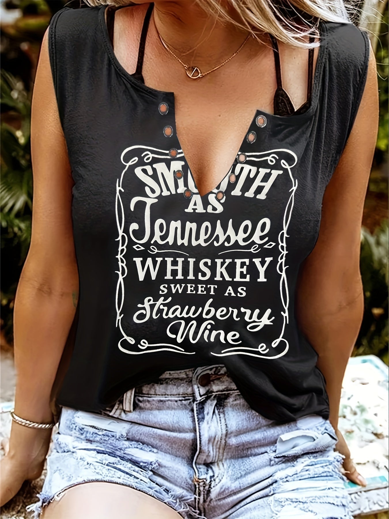 Smooth As Tennessee Whiskey Sweet As Strawberry Wine Women's Tank Top - Soft Pink Sleeveless V-Neck Casual Shirt with Bold Letter Print, Thick Strap Country Music Style, Machine Washable All-Season Wear, Festive Concert Attir
