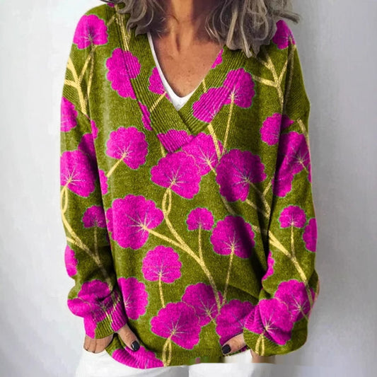 Floral Pattern Printed V-neck Long Sleeve Casual Sweatshirt