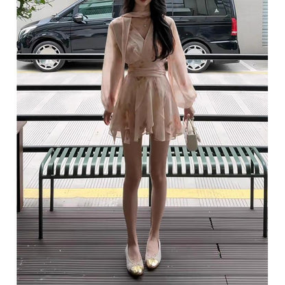 Elegant French-style Floral-print V-neck Long-sleeve Dress