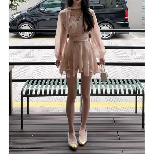 Elegant French-style Floral-print V-neck Long-sleeve Dress