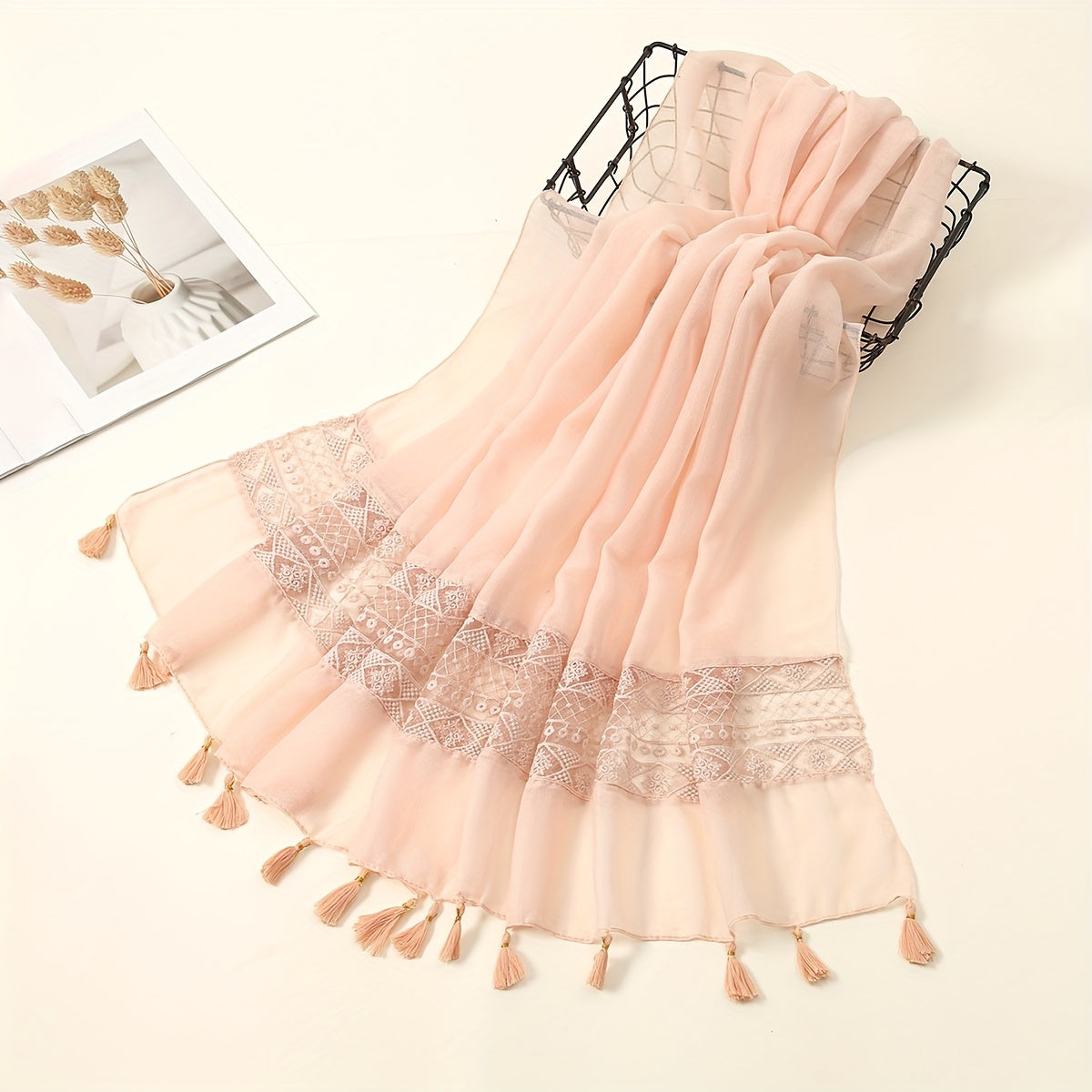 Embroidery Hollow Lace Tassel Scarf Fashion Elegant Casual Cold Weather Scarves Wraps For Women for eid