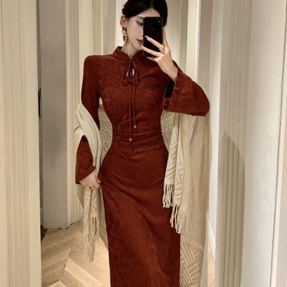 Women's New Chinese-style Jacquard Red Modified Cheongsam Dress