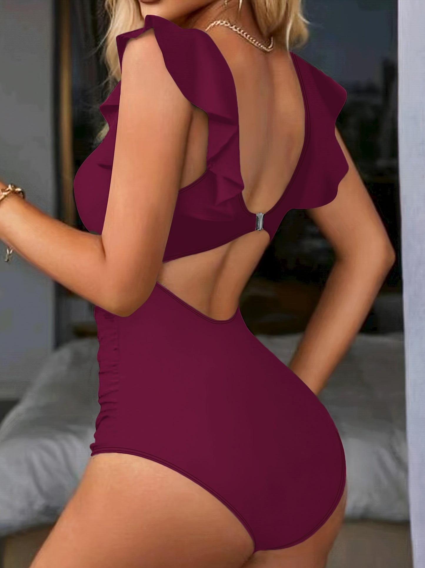 V Neck Ruched One Piece Swimsuit with Flattering Ruffle Accent - Stylish Cut Out Back Buckle Detail & High Cut Leg - Premium Womens Swimwear Bathing Suit