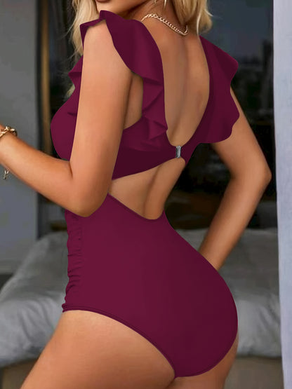 V Neck Ruched One Piece Swimsuit with Flattering Ruffle Accent - Stylish Cut Out Back Buckle Detail & High Cut Leg - Premium Womens Swimwear Bathing Suit