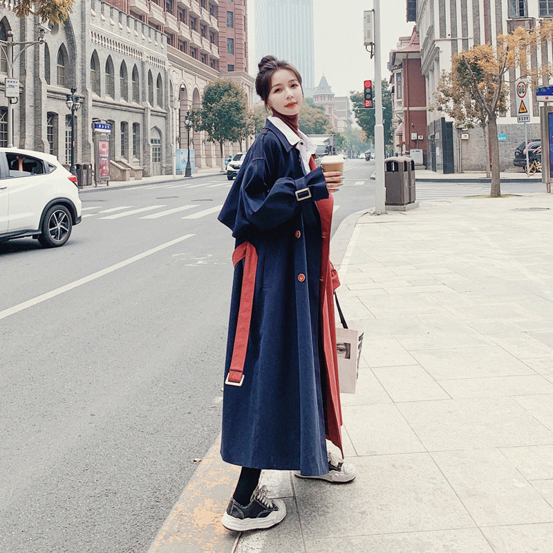 Stitching Contrast Windbreaker Mid-length Loose Coat