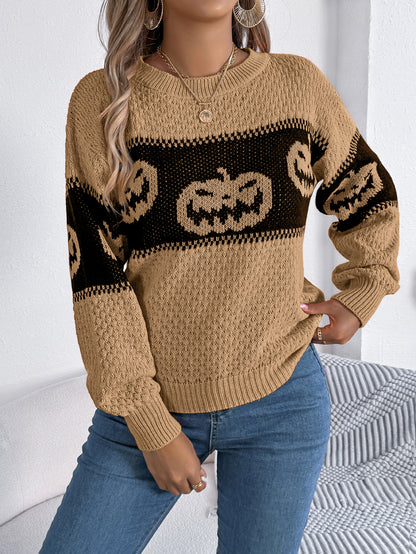 Women Pumpkin Head Color Block Long Sleeve Pullover Sweater