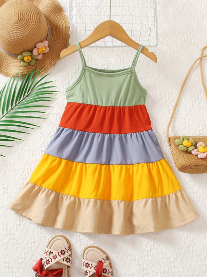 Girls' Spaghetti Strap Color-Blocked Rainbow Cake Dress - Perfect for Outdoor Occasions.