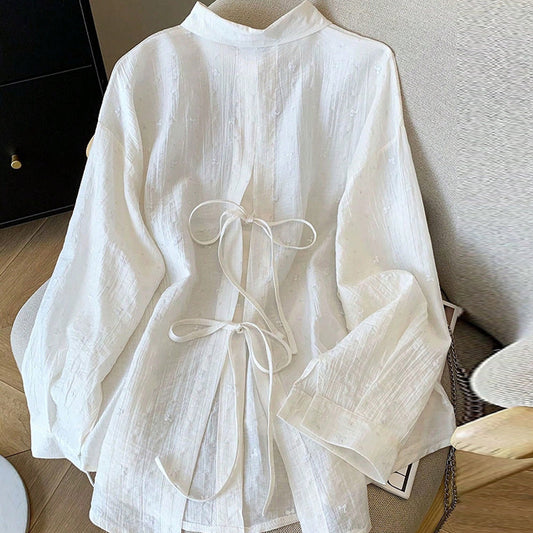 Elegant Solid-Color Crepe Loose-Fit Shirt Cardigan Women's Top