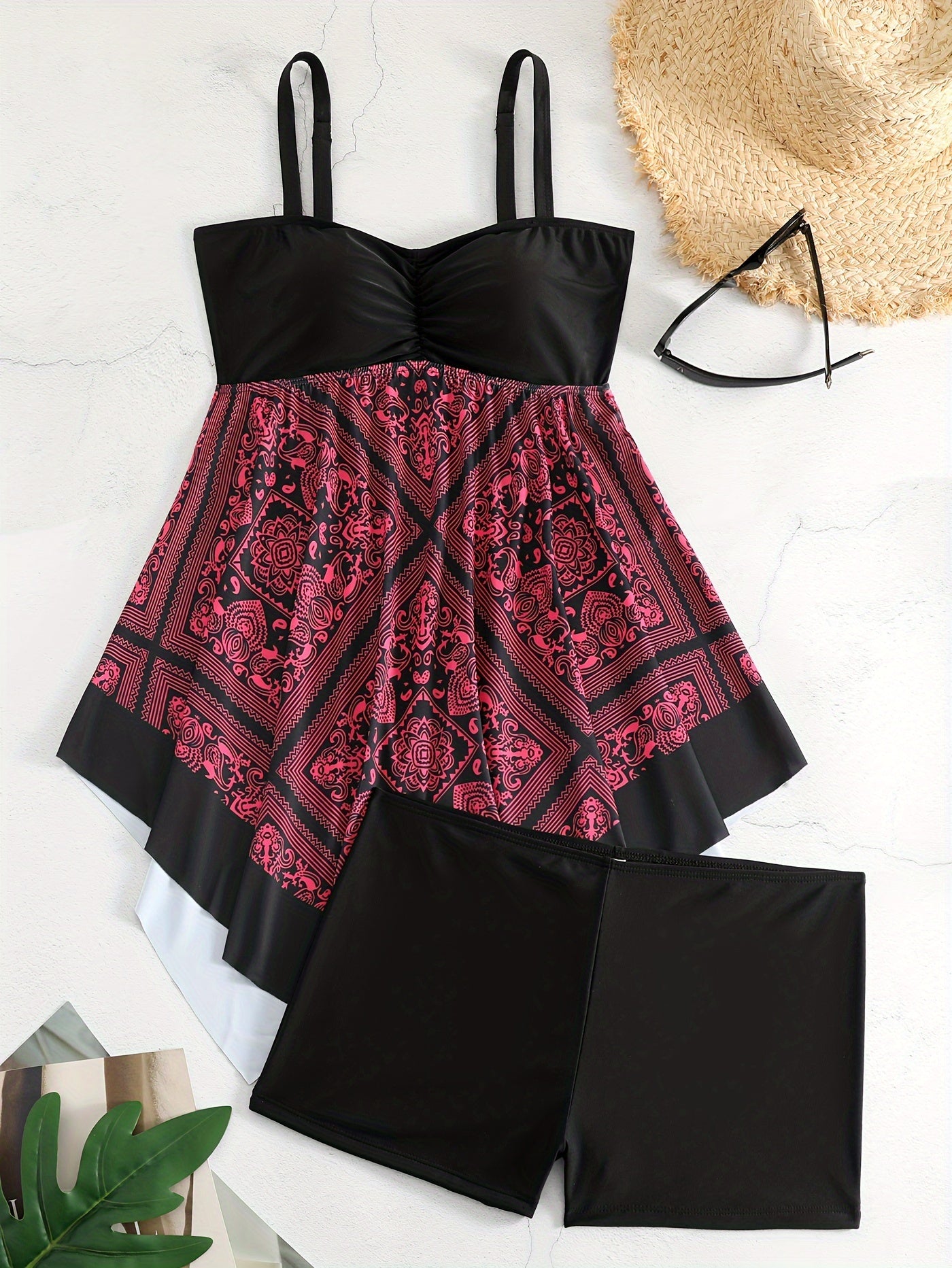 Plus Size Tribal Print One-Piece Swimsuit - Off Shoulder Bandeau Swimwear for Women