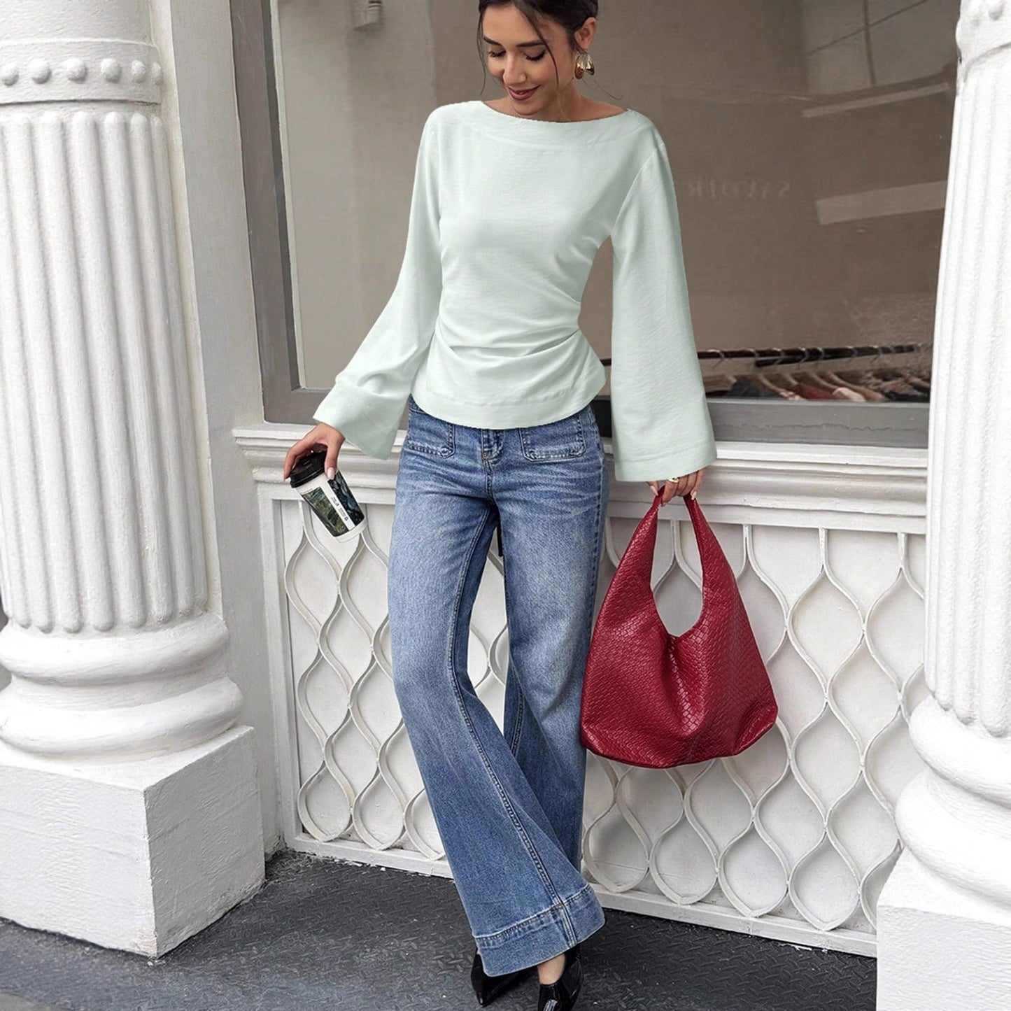 Women's Round-neck Woven Blouse With Flared Long Sleeves